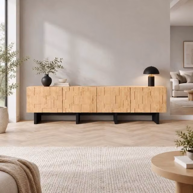Mobile porta TV con 4 ante push to open e 4 vani chiusi in MDF e truciolare effetto legno naturale 180 × 38,5 × 45 cm