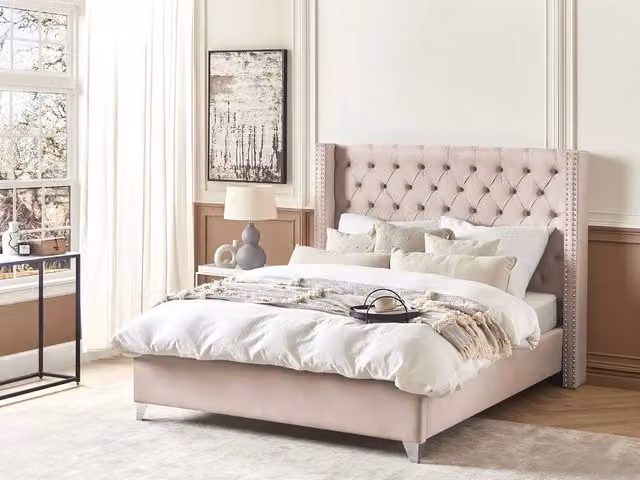 Letto Beliani in velluto rosa con poggiatesta imbottito e trapuntato stile glamour L/P/H: 160 x 200 cm