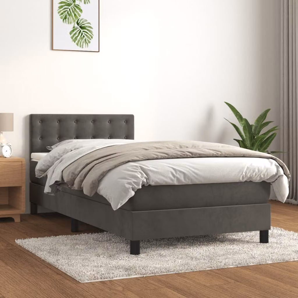 The Living Store Letto a molle con materasso grigio scuro 100x200 cm in velluto