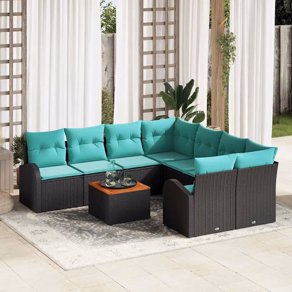 Set Divano da Giardino vidaXL a forma a U composto da 9 pezzi con tavolino e cuscini, Colore Nero e Turchese