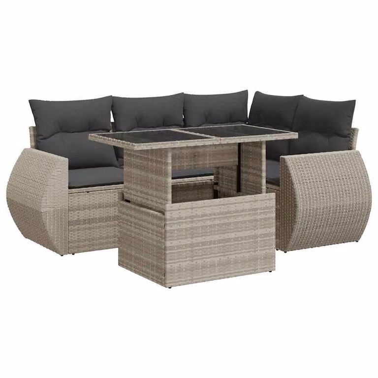 Set Divano da Giardino 5pz con Cuscini Grigio Chiaro Polyrattan