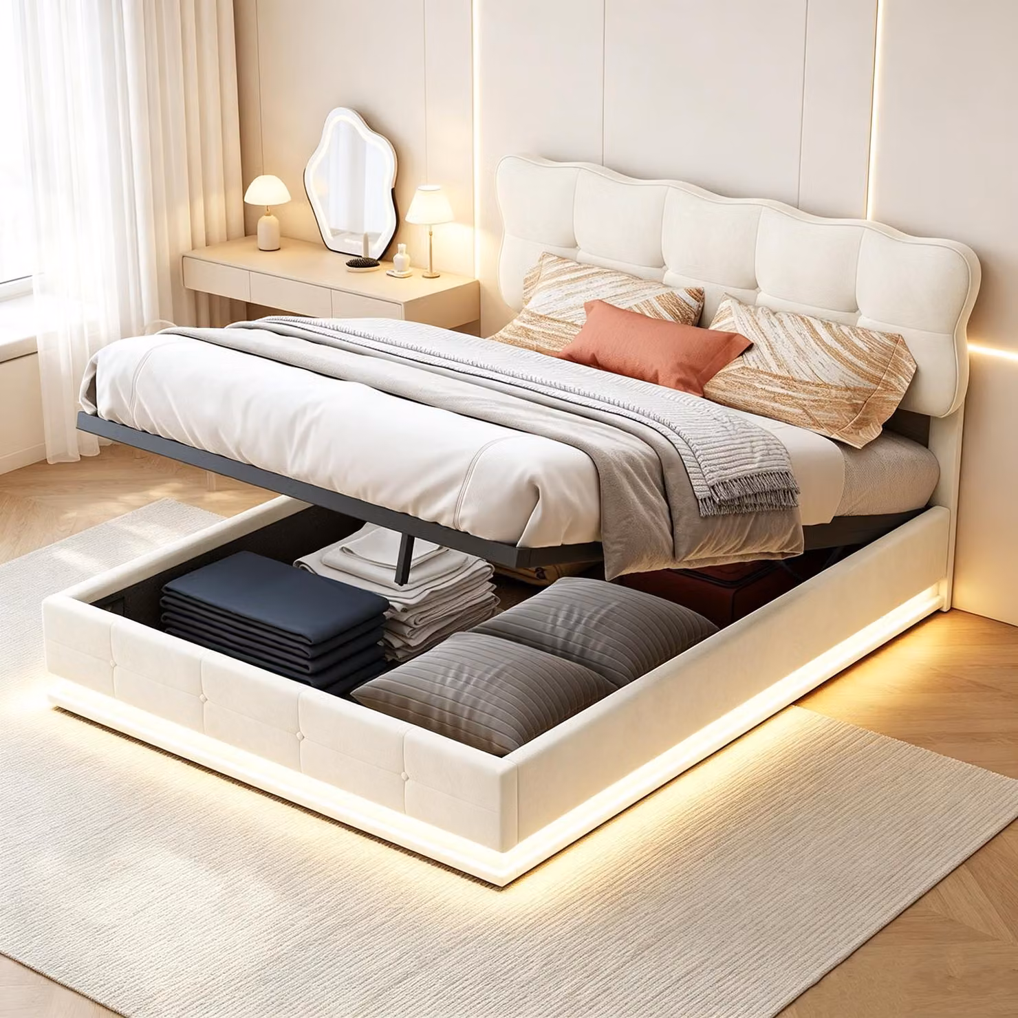 Letto matrimoniale INONEFT 160x200 con contenitore, imbottito con illuminazione LED, letto con sistema di sollevamento idraulico, letto per ragazzi, in velluto, color beige