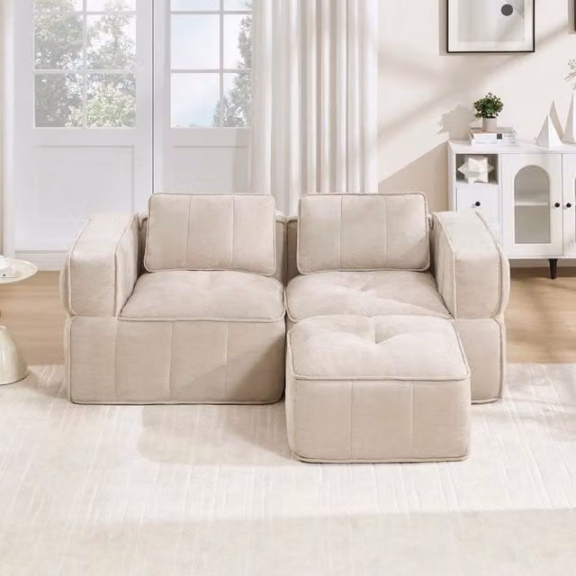 Divano angolare 2 posti con poggiapiedi ¨C Minimal ¨C beige tessuto morbido