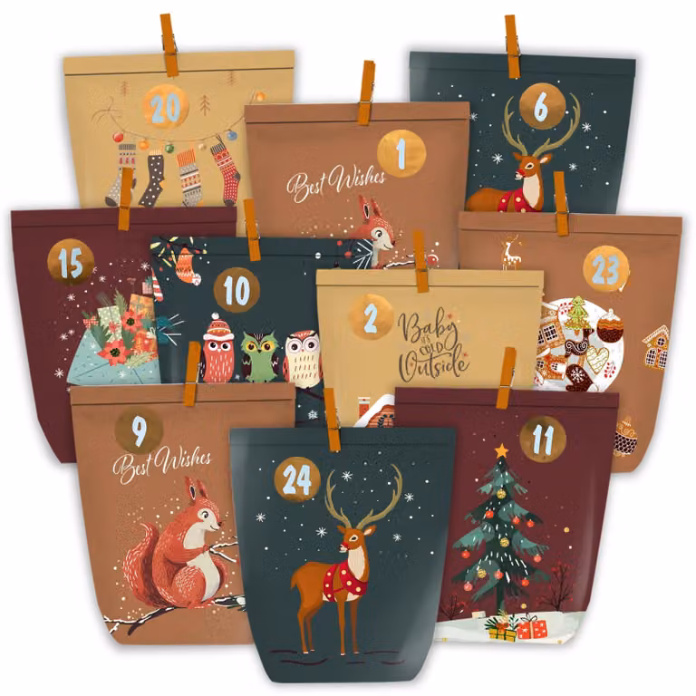Calendario dell'Avvento da riempire, 24 sacchetti di carta, fai da te, Natale