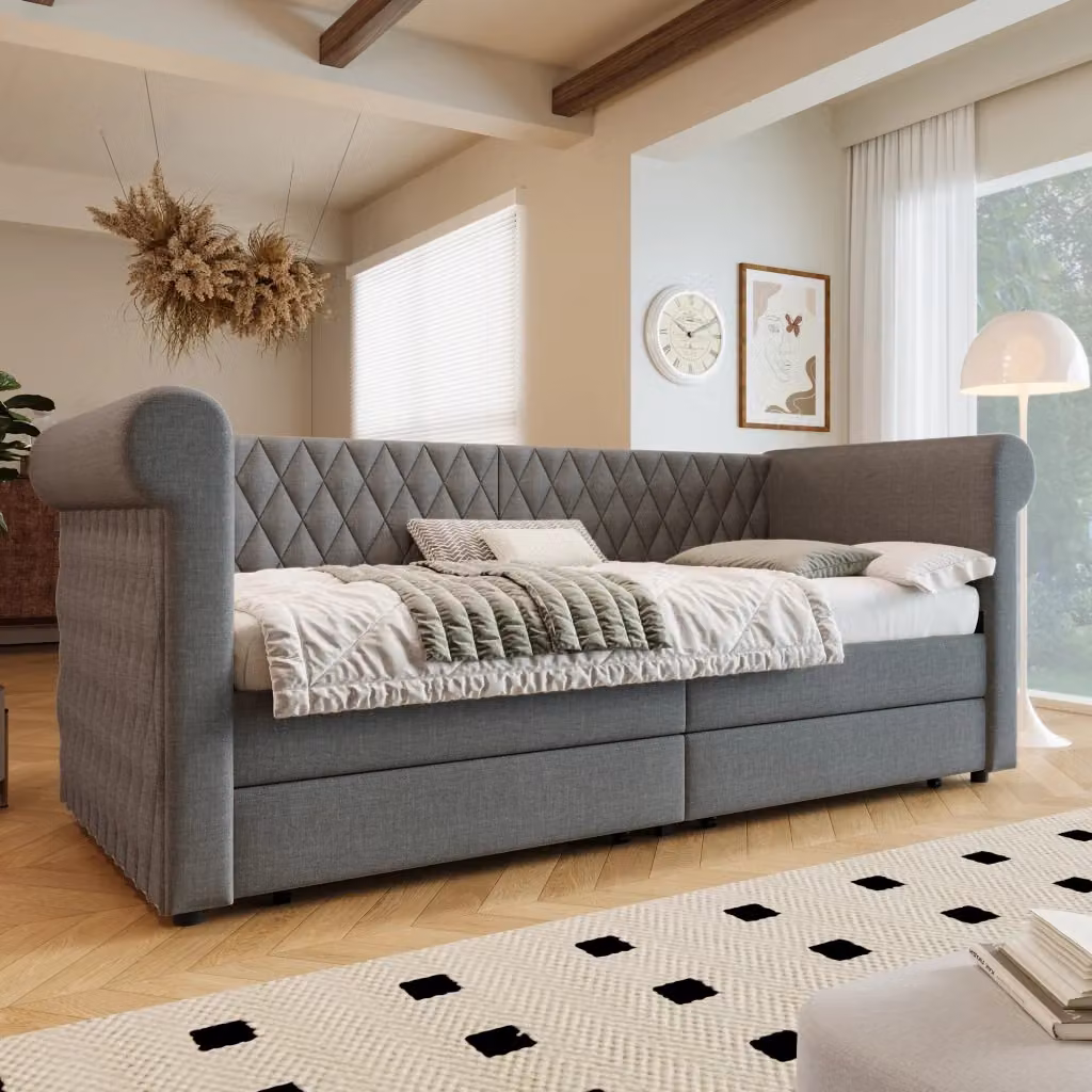 Divano letto singolo Vovees Living in tessuto grigio con cassetti, L/P/H: 90 x 200 cm – 2