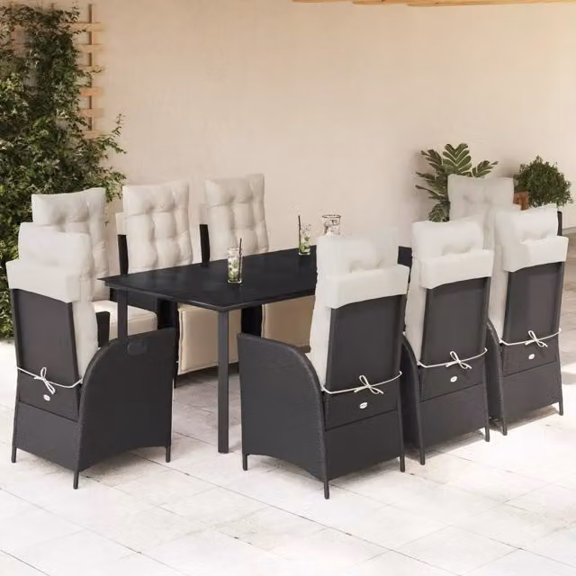 Set da pranzo da giardino vidaXL in polyrattan e vetro nero con 9 pezzi e cuscini
