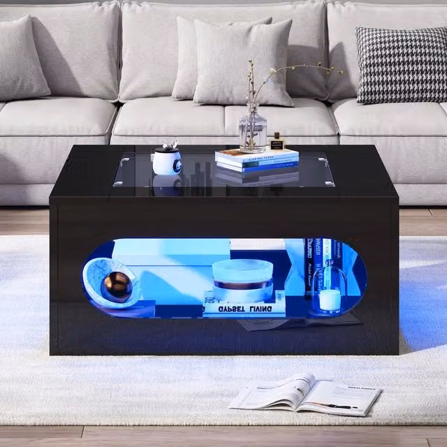 Tavolino da Salotto Quadrato Minimal con Piano in Vetro Temperato e LED Nero in MDF e Legno di Abete L/P/H: 70 x 70 x 35 cm
