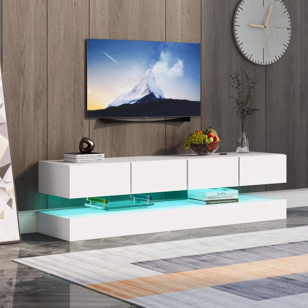 Mobile TV pensile moderno MODFU in MDF bianco lucido con illuminazione LED integrata controllabile da app L: 130 cm, P: 33 cm, H: 15 cm – 2