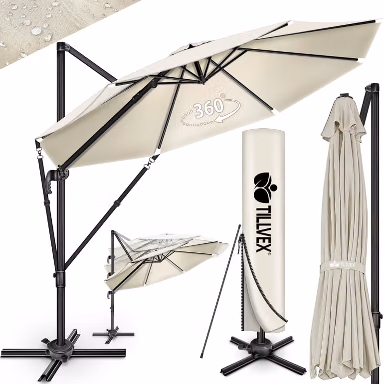 tillvex® Premium ombrellone in alluminio 330 cm Beige + copertura e protezione dal vento | Ampelschirm 6-Fach verstellbar mit Kurbel | Gartenschirm 360° Drehbar Neigbar Kippbar | Kurbelschirm UV50+ Groß wasserdicht