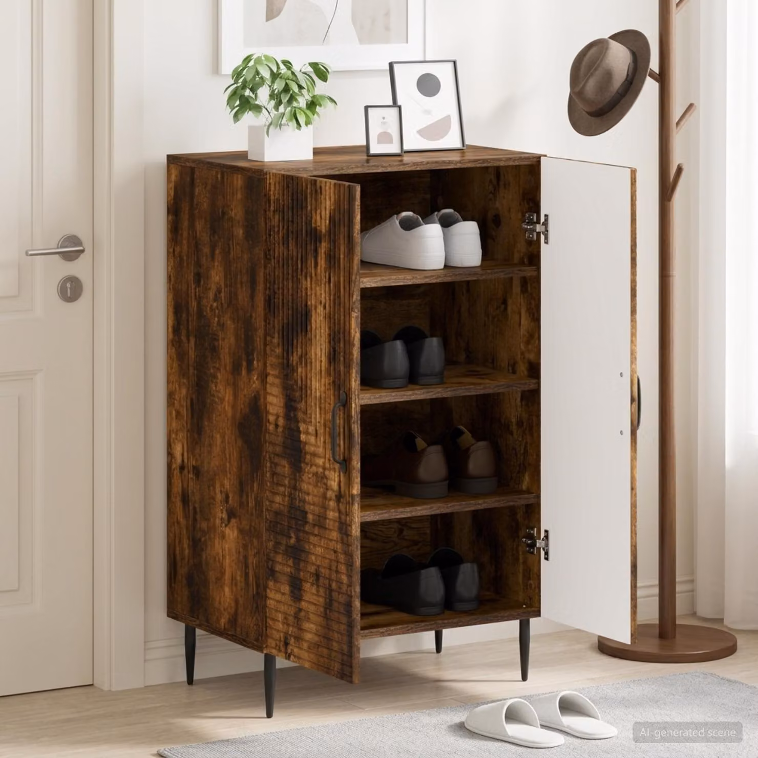 Mobile porta scarpe HAARLEM vidaXL in legno e metallo, Rovere Fumo, L: 59,5 cm, P: 39,5 cm, H: 89,5 cm