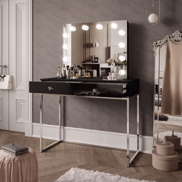 Tavolo da trucco BLANCO GLAMOUR ELITE con specchio e illuminazione, cromo / nero lucido con maniglia in cristallo