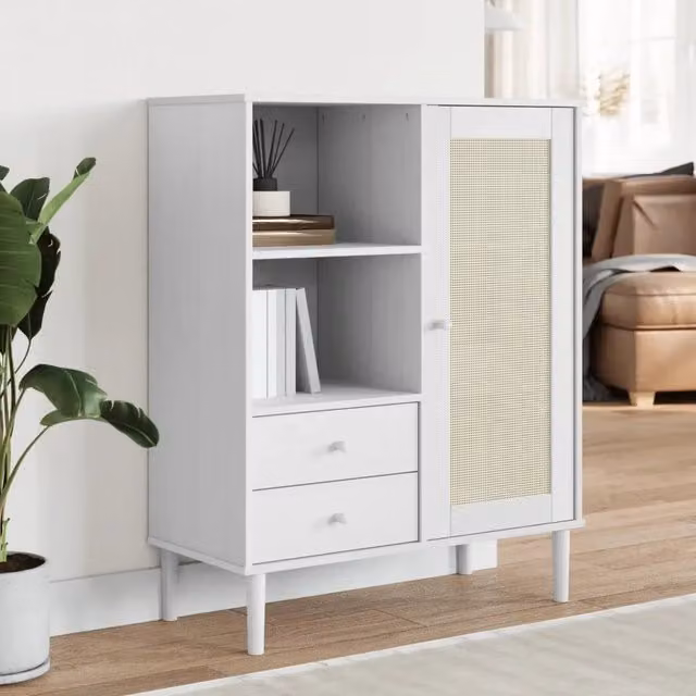 Credenza Buffet Senja Design Mania in Pino Massello con Aspetto Rattan Bianco L 90 cm, P 40 cm, H 112 cm – 1