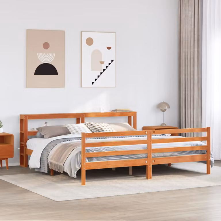 Letto in legno di pino massello vidaXL Marrone Cera con ripiani laterali L: 200 cm, P: 206 cm, H: 82 cm