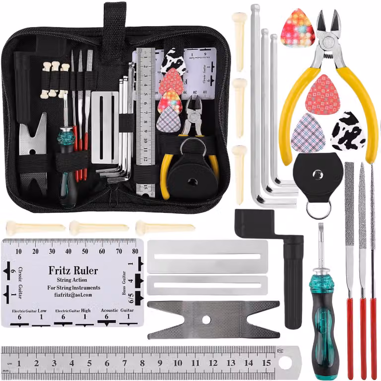 Kit di strumenti per chitarra, 26 pezzi - Set di manutenzione - Set di chiavi a Esagono - Organizzatore per corde - Acciaio inossidabile - Include custodia