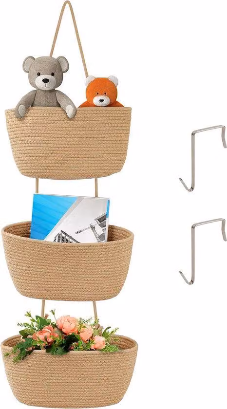 cestino da parete a 3 livelli, cestino in cotone intrecciato marrone per sopra la porta/muro, armadio, camera da letto, camera dei bambini, soggiorno e bagno
