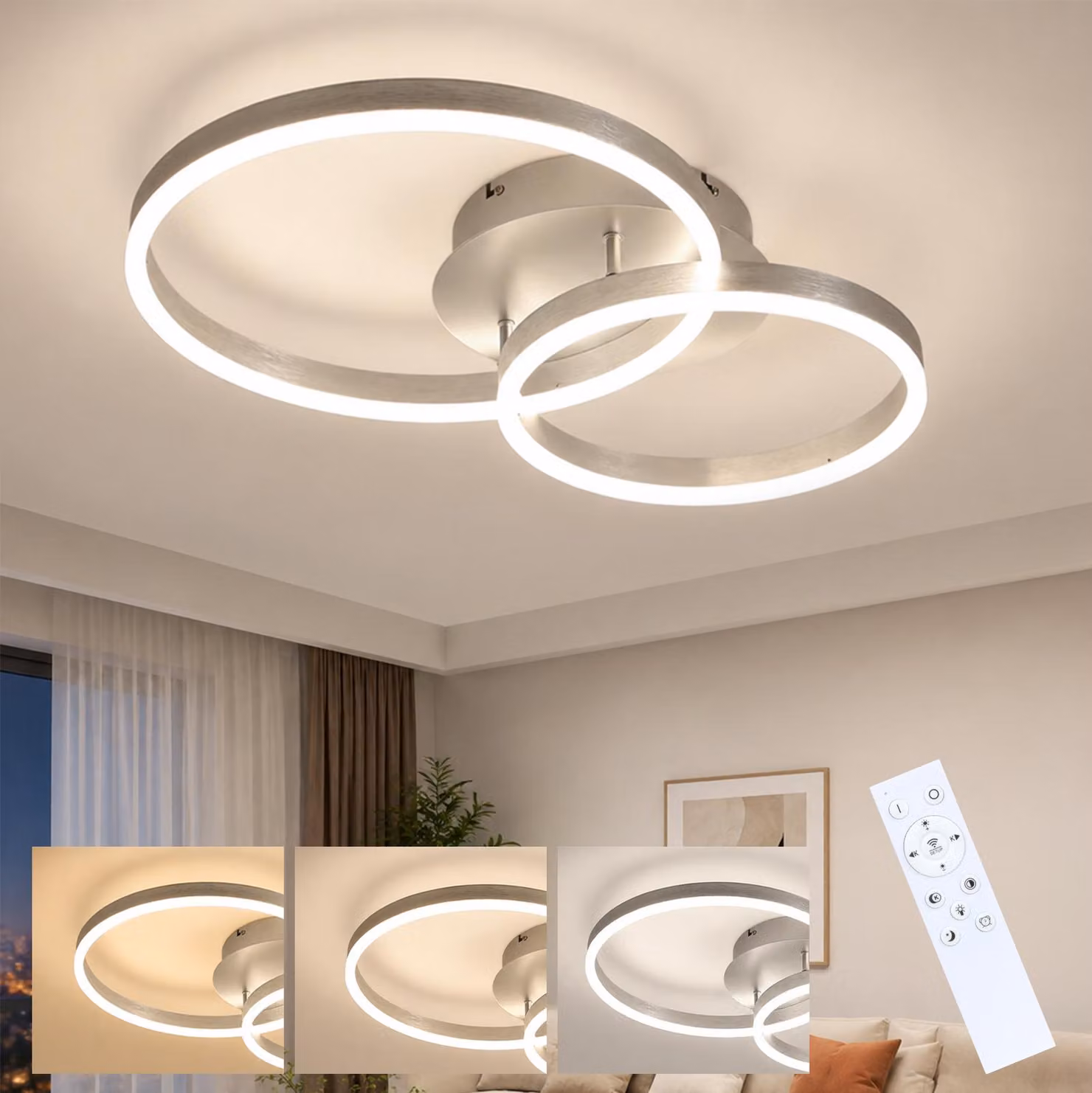 ZMH Lampada da soffitto a LED 46W dimmerabile per soggiorno, 59 cm, con telecomando, 2 anelli argento, illuminazione da soffitto, lampada da camera da letto per soggiorno e corridoio