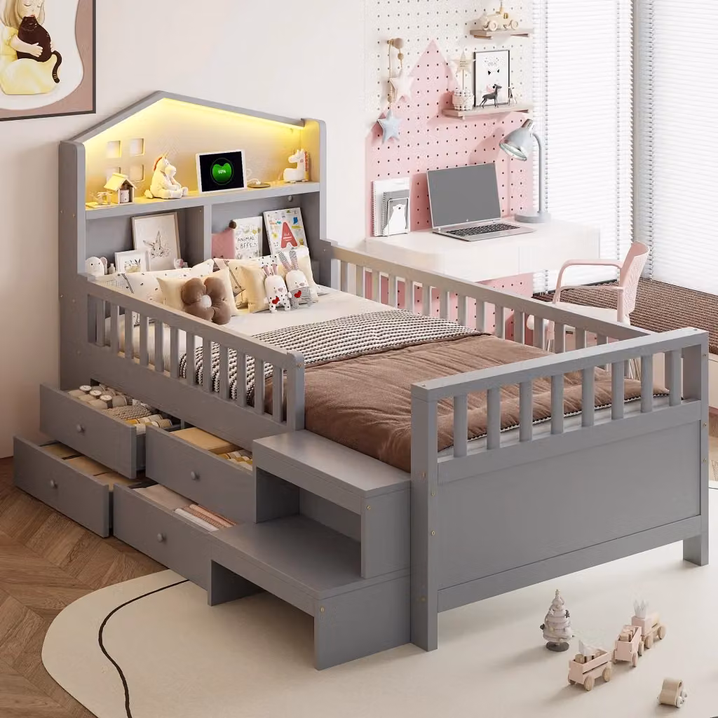 Letto singolo per bambini con struttura a casetta, illuminazione LED, porte USB e Type-C, 4 cassetti e mensola integrata, grigio, L/P/H: 200 x 90 x 116 cm – 2