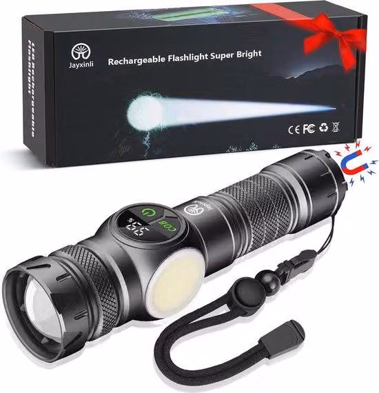 Torcia a LED da 30.000 lumen, ricarica USB, magnete e indicatore di carica LCD, 9 modalità di illuminazione e funzione zoom