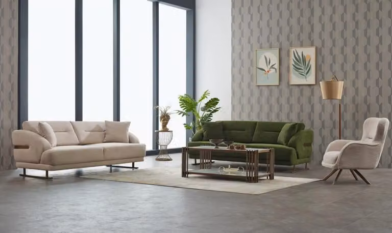Komplette Couchgarnitur Polstersofa Dreisitzer Sessel Grün Stoffsofa