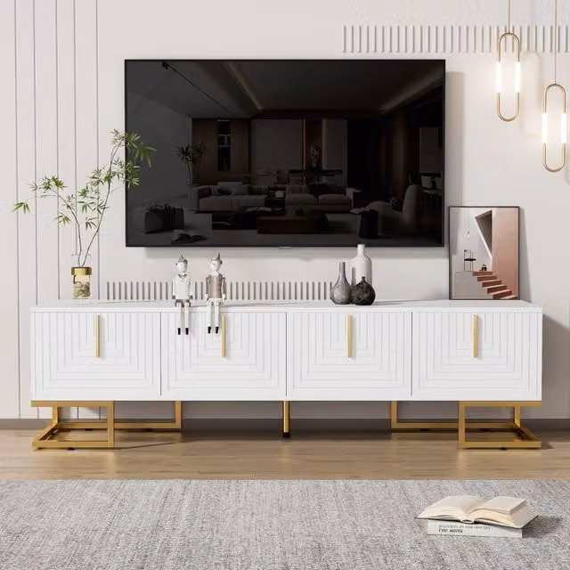 Mobile TV MINIMAL Lowboard moderno con ante strutturate e piedini dorati, Bianco e Legno, L: 170 cm, P: 40 cm, H: 45,5 cm
