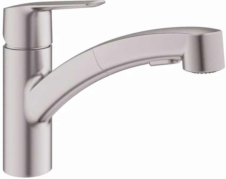 Kitchen faucet - Supersteel - Single-lever sink mixer - Pull-out spray - 90° swivel low spout - GROHE Start -