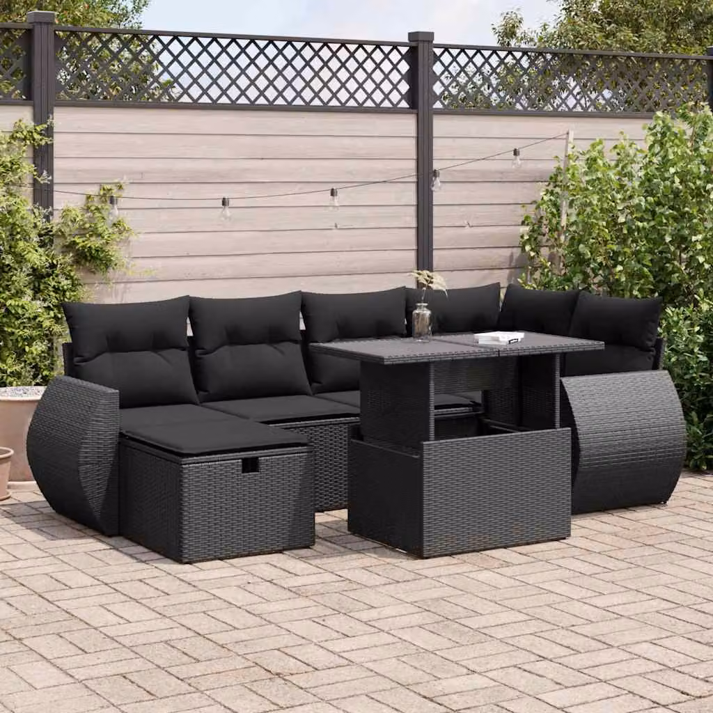 Set Divano da Giardino a L vidaXL con Cuscini e Tavolino, 7 Pezzi, Nero