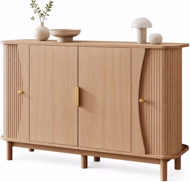 Credenza moderna in MDF beige con 2 ante, 3 vani e ripiano regolabile per soggiorno, ingresso o sala da pranzo, L/P/H: 140 x 40 x 88 cm