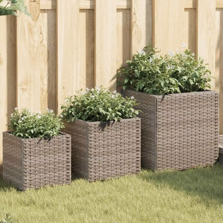 Set di 3 fioriere da giardino vidaXL in polyrattan grigio con struttura in acciaio e plastica