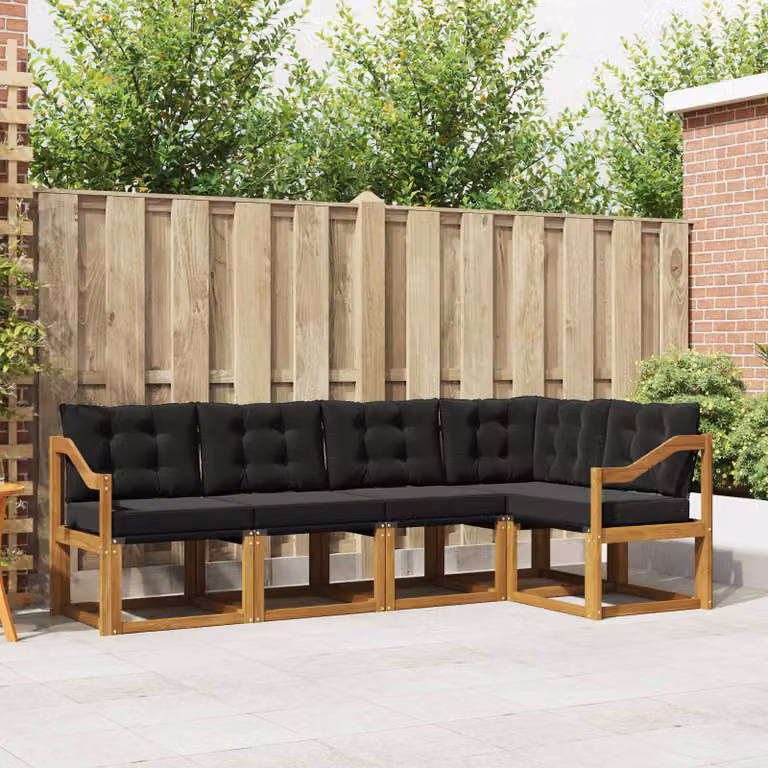 Set di divani da esterno vidaXL a forma di L composto da 5 pezzi in legno di acacia con cuscini in tessuto textilene, colore marrone e nero
