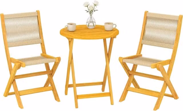 Tavolo da pranzo rotondo allungabile con sedie pieghevoli ¨C zephmum ¨C legno acacia, corda PP, naturale