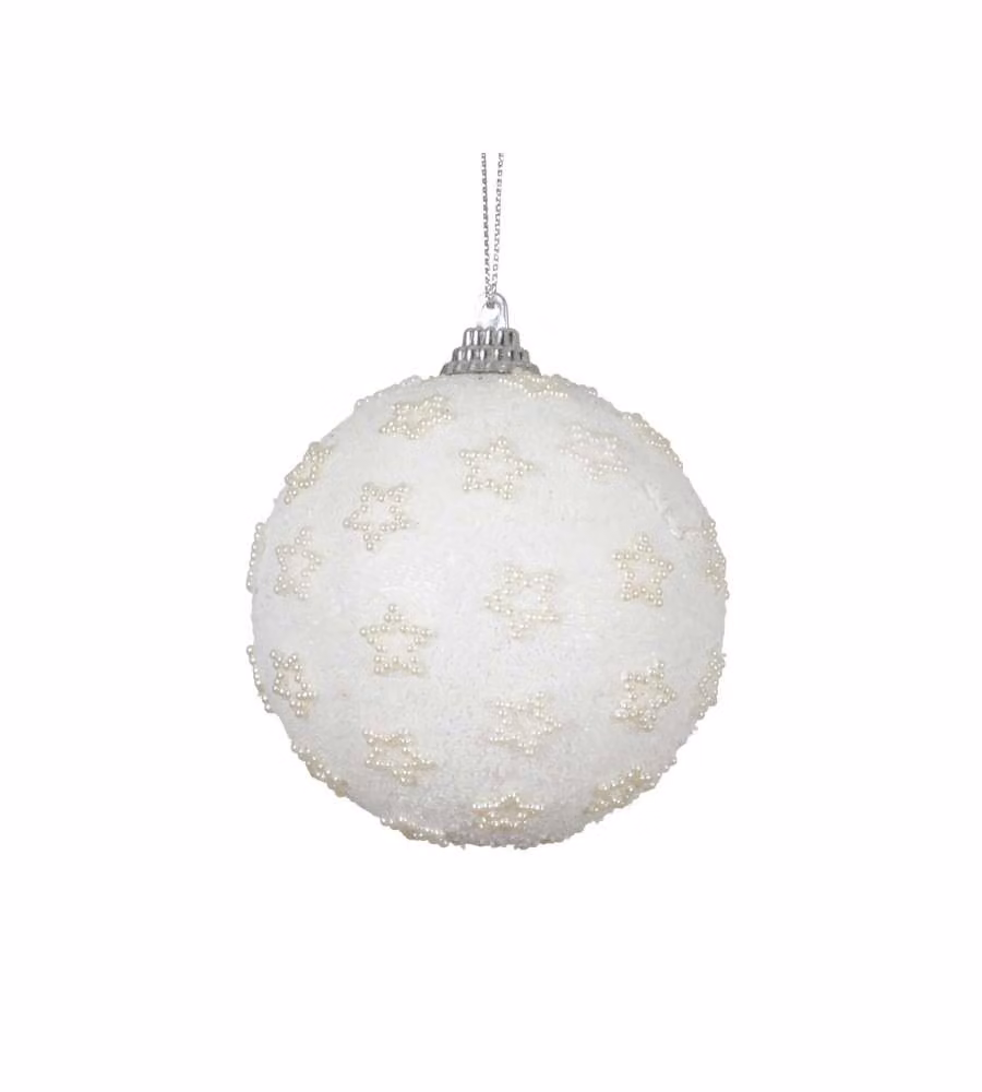 Sfera decorativa natalizia bianca 80 mm con perline per albero