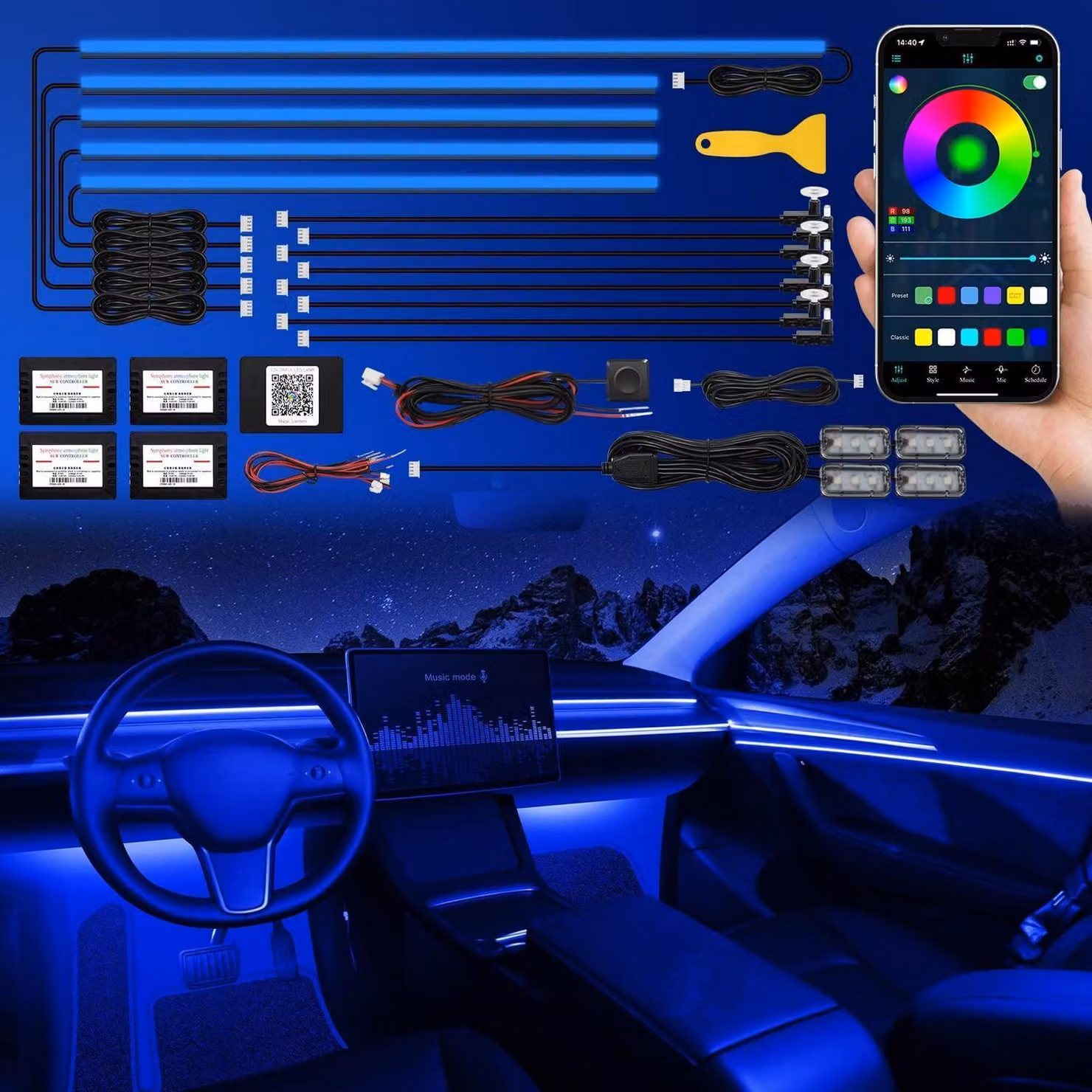 Illuminazione interna per auto a LED, controllabile tramite app, RGB 18in1, 175 pollici, 593 LED, luce ambientale, con controllo musicale
