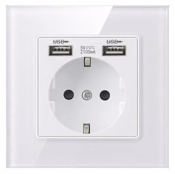 Presa Techstar® Crystal TSU1, Singola, 2 x USB, 2.1A, Colore Bianco Opaco, Vetro Temperato, 16A
