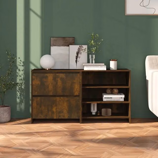 Set di 2 credenze vidaXL in legno multistrato color rovere fumo marrone per sala da pranzo, design moderno e montaggio a parete – 1