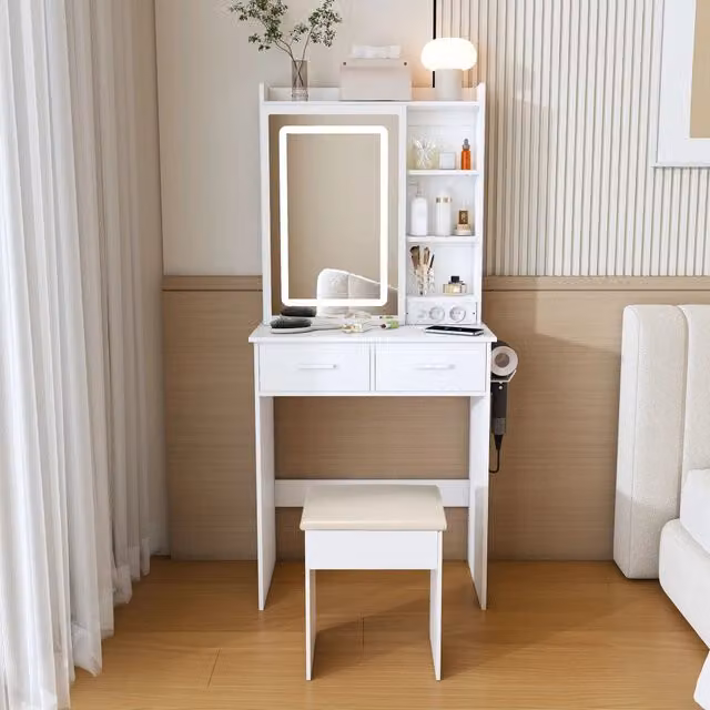 Toeletta con specchio e illuminazione LED regolabile; 2 cassetti e sgabello imbottito bianco