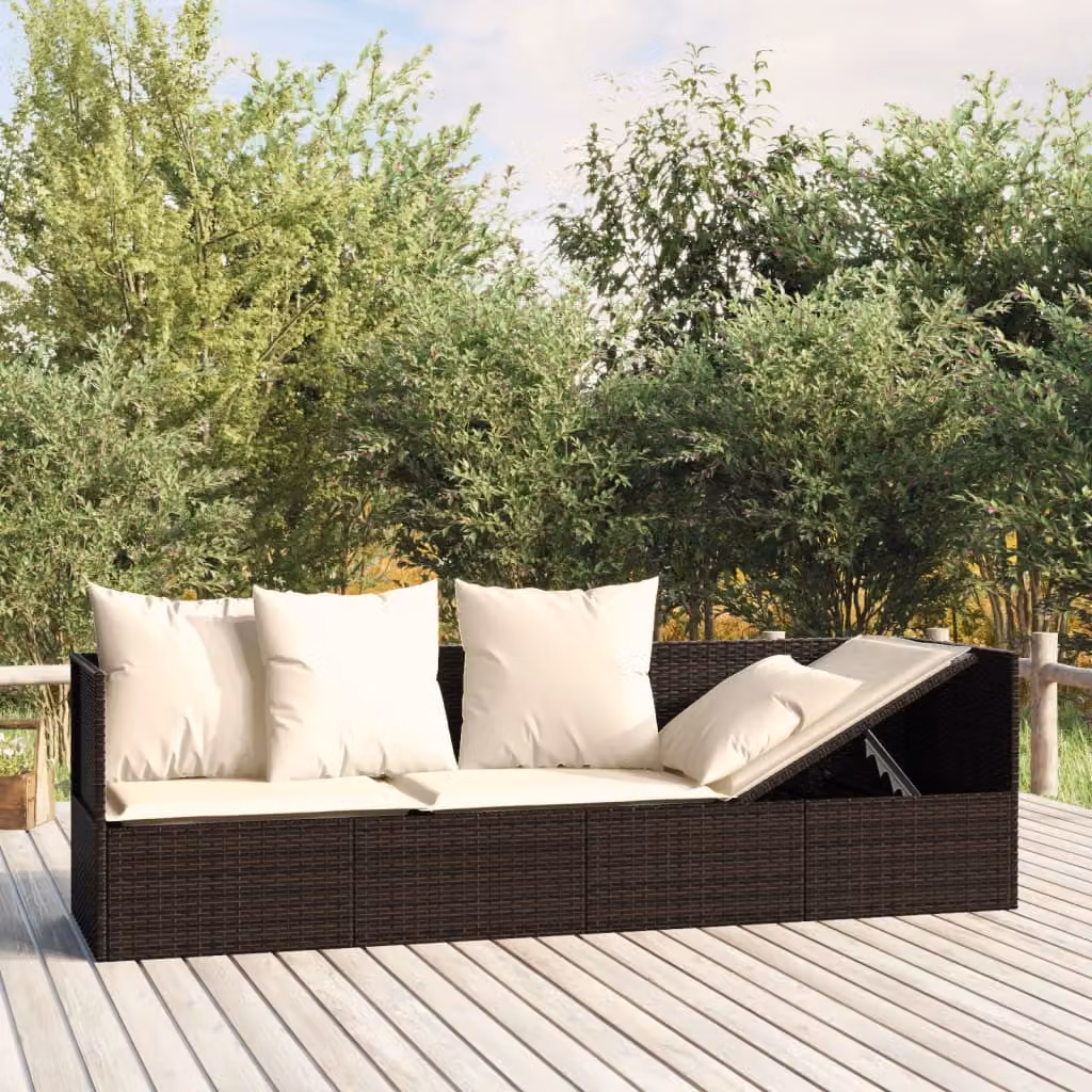 vidaXL Lettino Prendisole da Esterno in Polyrattan Marrone con Cuscini Bianchi