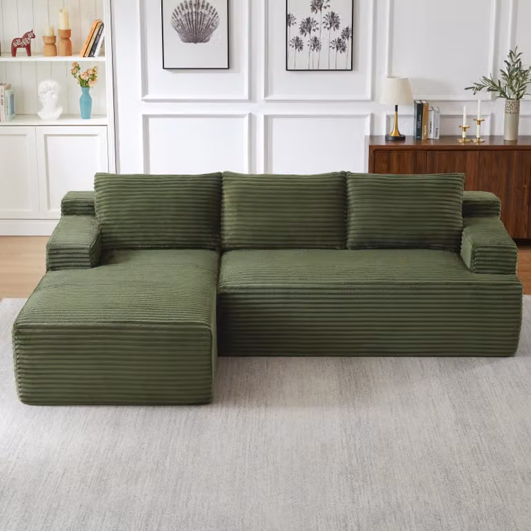 Divano ad angolo, modello L, divano letto modulare con seduta profonda, design Cloud, imbottitura in schiuma e molle insacchettate, rivestimento in corda, senza montaggio
