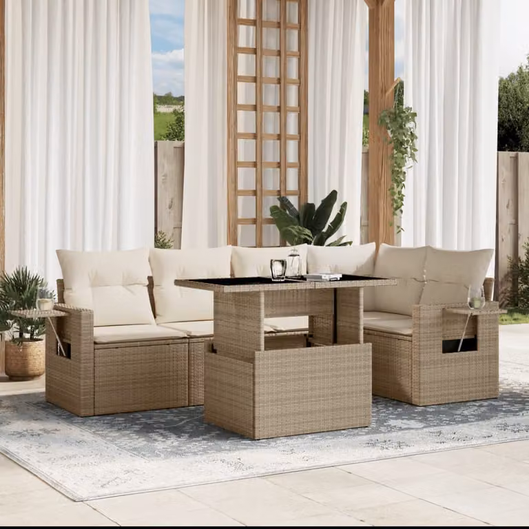 Set Divano da Giardino vidaXL 6 pz a Forma L con Cuscini Beige e Tavolino in Vetro
