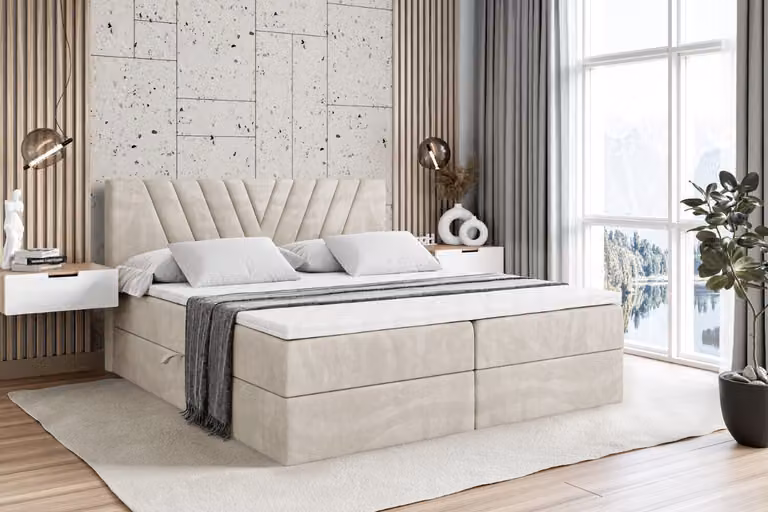 Letto boxspring ALTDECOR ERNINA, letto imbottito con testiera e contenitore - Materasso rigido (H4) - 140x200 - Velluto color taupe
