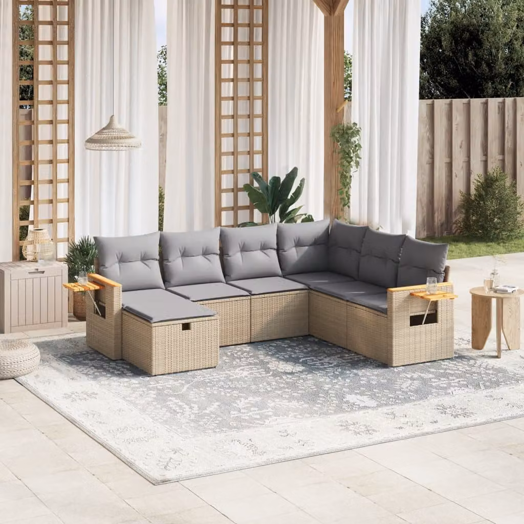 vidaXL Set Divano da Giardino a L 7 pz in Polyrattan con Cuscini Beige e Grigio – 1