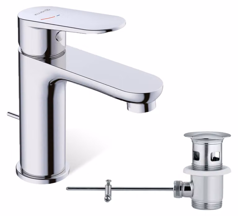 Miscelatore per lavabo, cromato, con altezza del beccuccio di 95 mm, monoblocco, con piletta a tappo a scomparsa