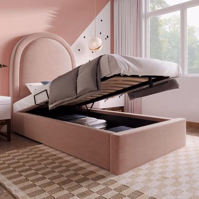Letto singolo imbottito WISHDOR in velluto rosa con contenitore e materasso ortopedico L/P/H: 90 x 200 x 33,2 cm – 1