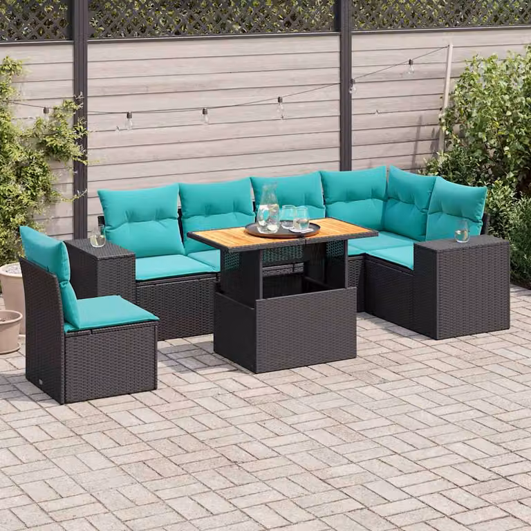 Set di divani da giardino vidaXL in polyrattan nero con 7 cuscini blu e struttura in legno di acacia oliato