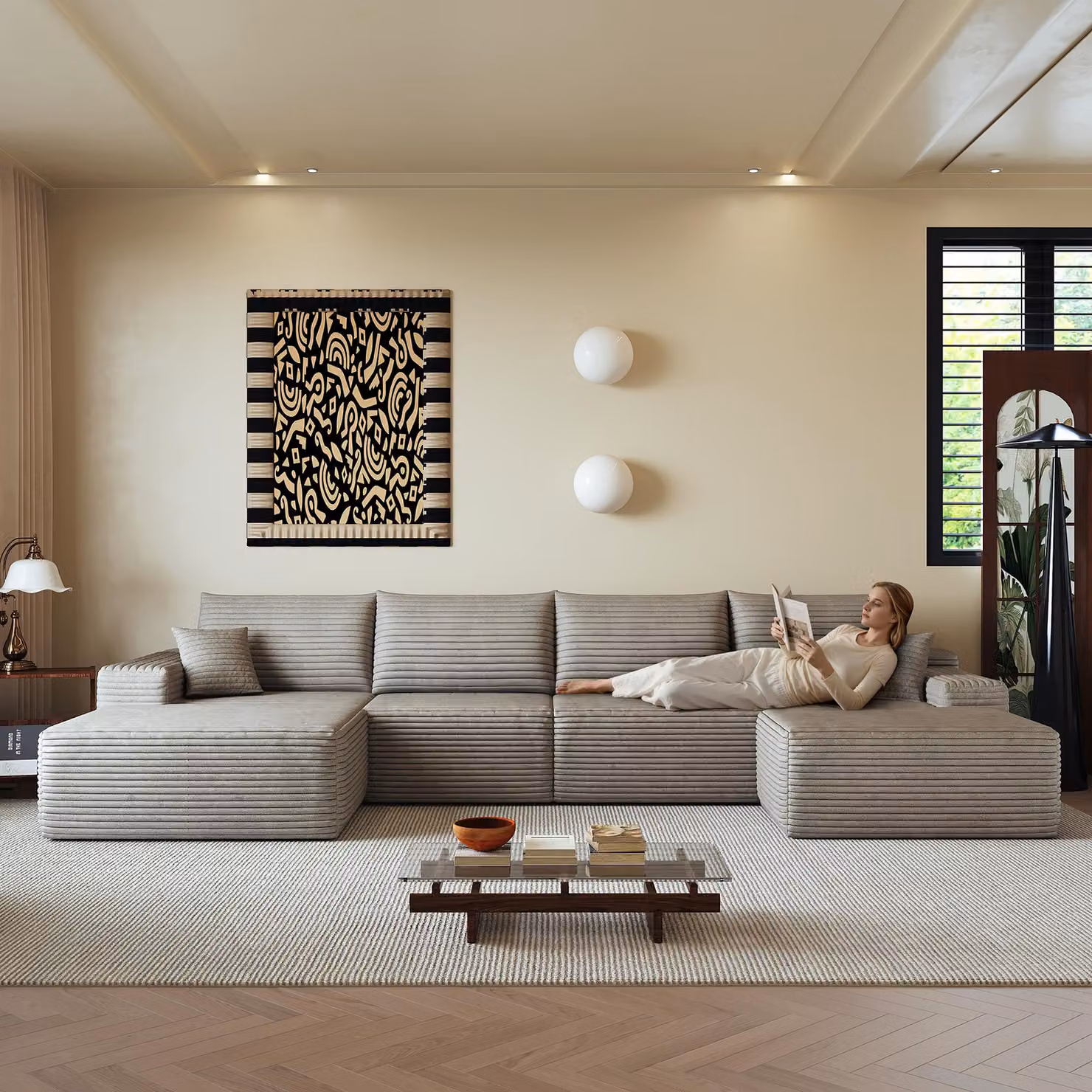 Divano angolare modulare senza schienale, con chaise longue a forma di L, design moderno, seduta profonda. Non richiede montaggio