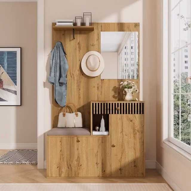 Mobile ingresso moderno con specchio, seduta imbottita e ripiani regolabili in legno e MDF, colori nero e marrone, L: 110,0 cm, P: 37,0 cm, H: 185,5 cm