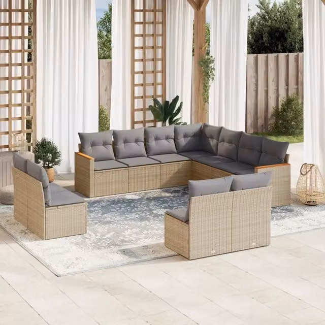 Set di Divani da Giardino VIDAXL a Forma a U in Polyrattan con Cuscini Beige, 11 Pezzi – 1
