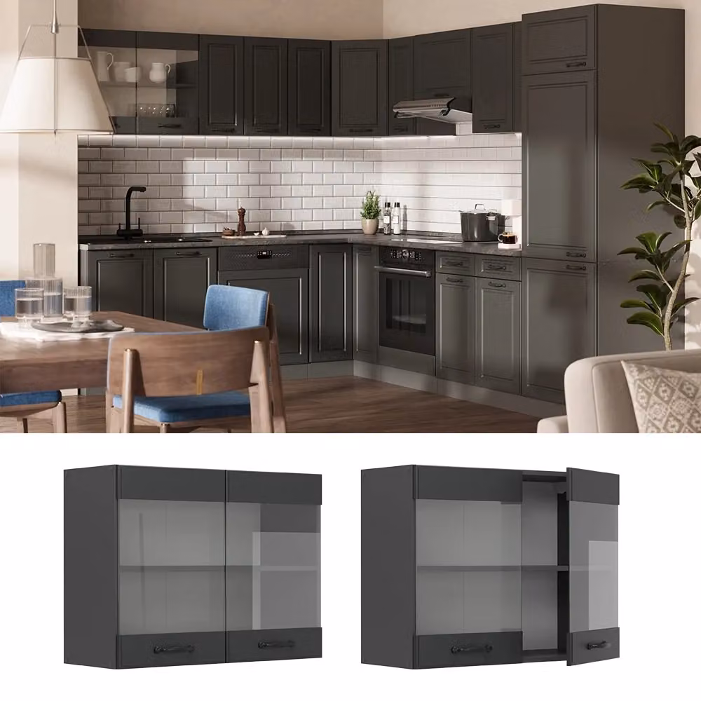 Pensile da cucina Vicco R-Line Antracite con ante in vetro e finitura opaca L: 80 cm, P: 31 cm, H: 60 cm – 2