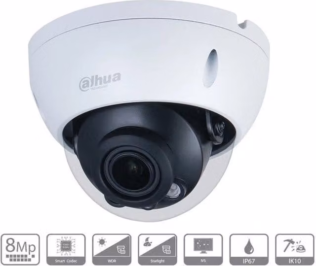 Telecamera IP Dome Dahua DH-IPC-HDBW2831R-ZS-S2 4K 8MP con Ottica Varifocale 2.7-13.5mm, PoE, IP67, IK10, Colore Bianco