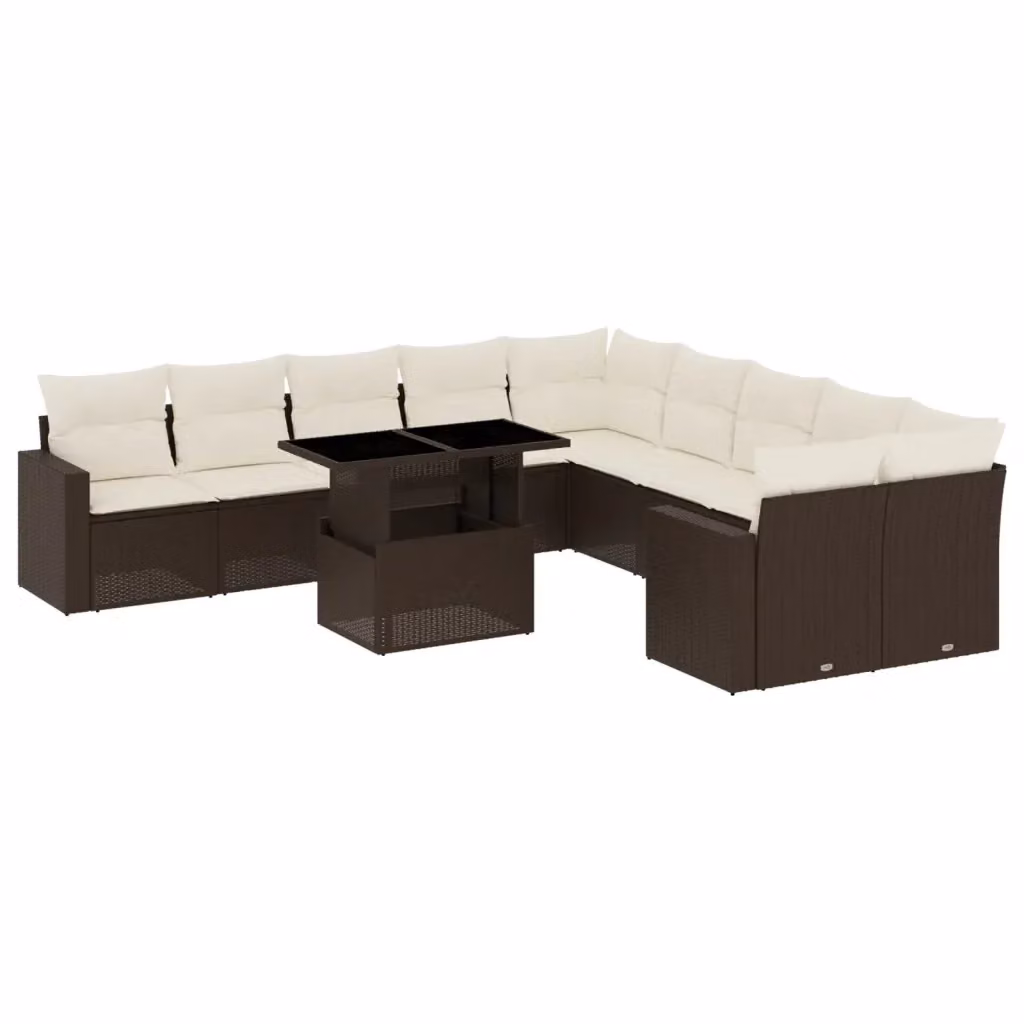 Set di Divani da Giardino vidaXL 11 pz con Cuscini e Tavolino in Polyrattan Marrone e Bianco – 2