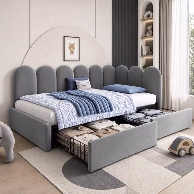 Letto singolo imbottito 90 × 190 cm con 2 cassetti in velluto grigio con rete a doghe e schienale